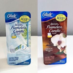 2 GLADE Wisp Refills- FRENCH VANILLA & CLEAN LINEN Flameless Candle Scented Oil